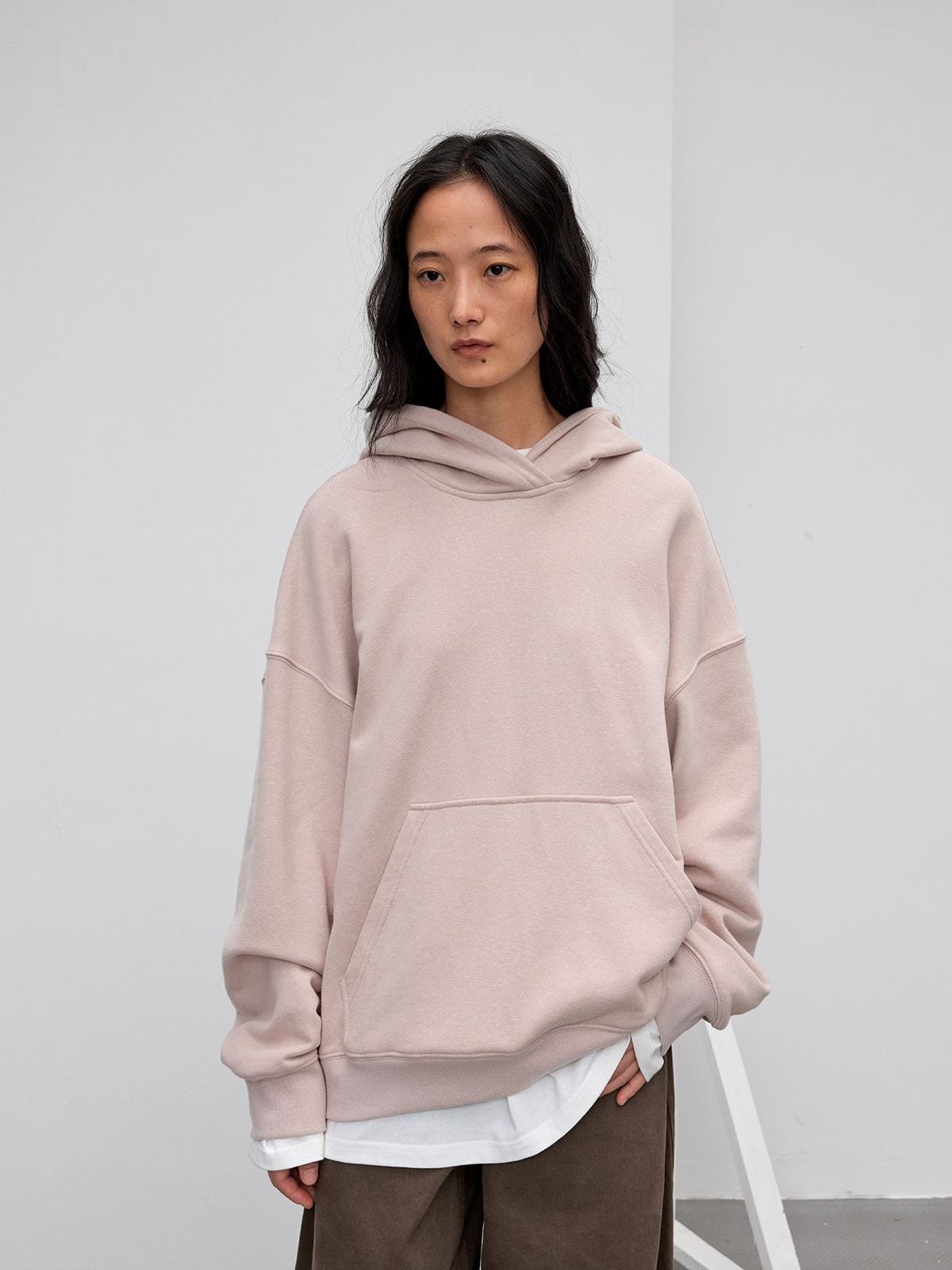 Random Piece Cotton Blend Drop Shoulder Hoodie in Pink - On Female Model