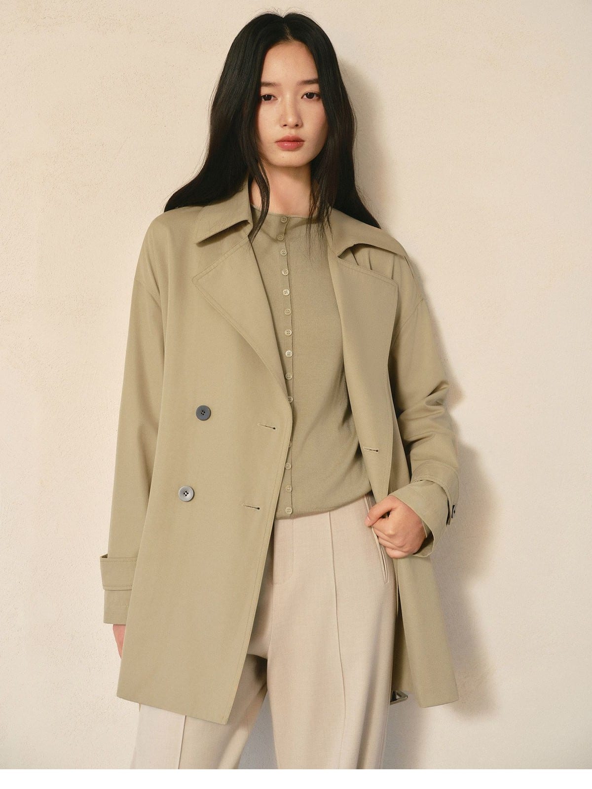 TEASEL Worsted Wool Mock Neck Cardigan in Beige - On Female Model