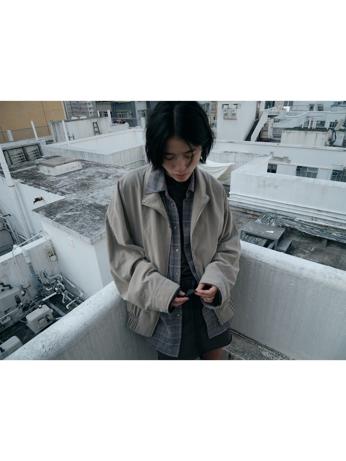 Random Piece Nylon Blend Zip Up Cropped Jacket in Khaki - On Female Model