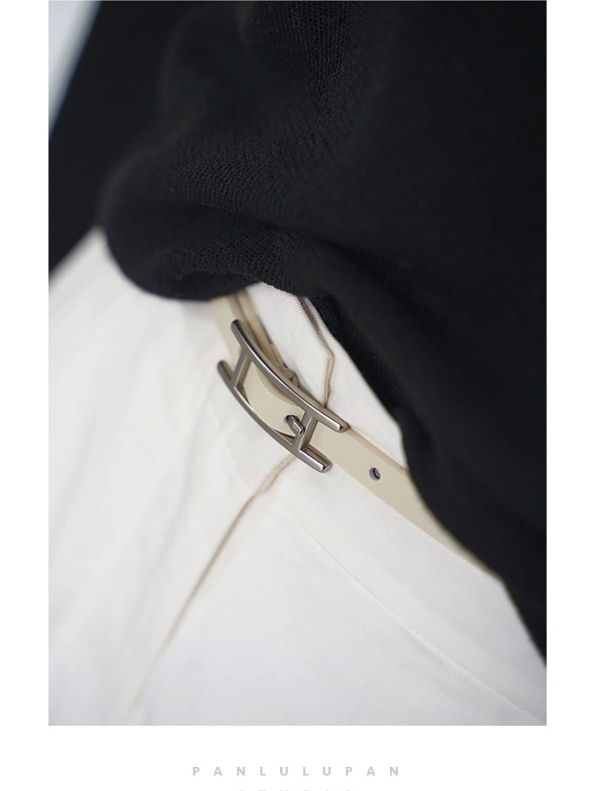 PANLULUPAN Thin Leather Belt with Matte Silver Buckle in White - On Model