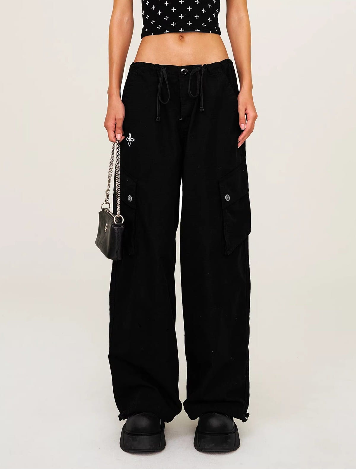SMFK Wide Leg Parachute Cargo Pants in Black - On Female Model