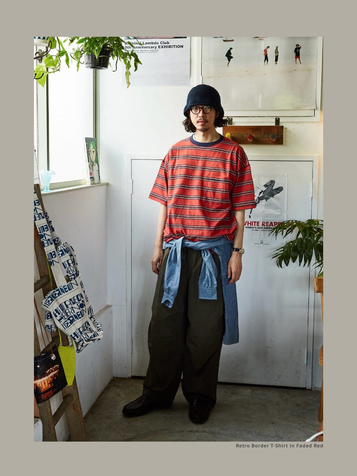 USAGE Retro Striped Cotton T Shirt in Red - On Male Model