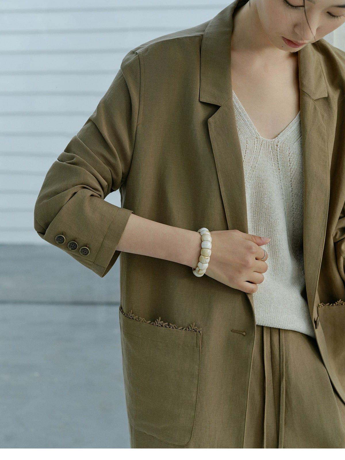 TEASEL Linen Blend Blazer Wide Leg Pants Set in Brown - On Female Model