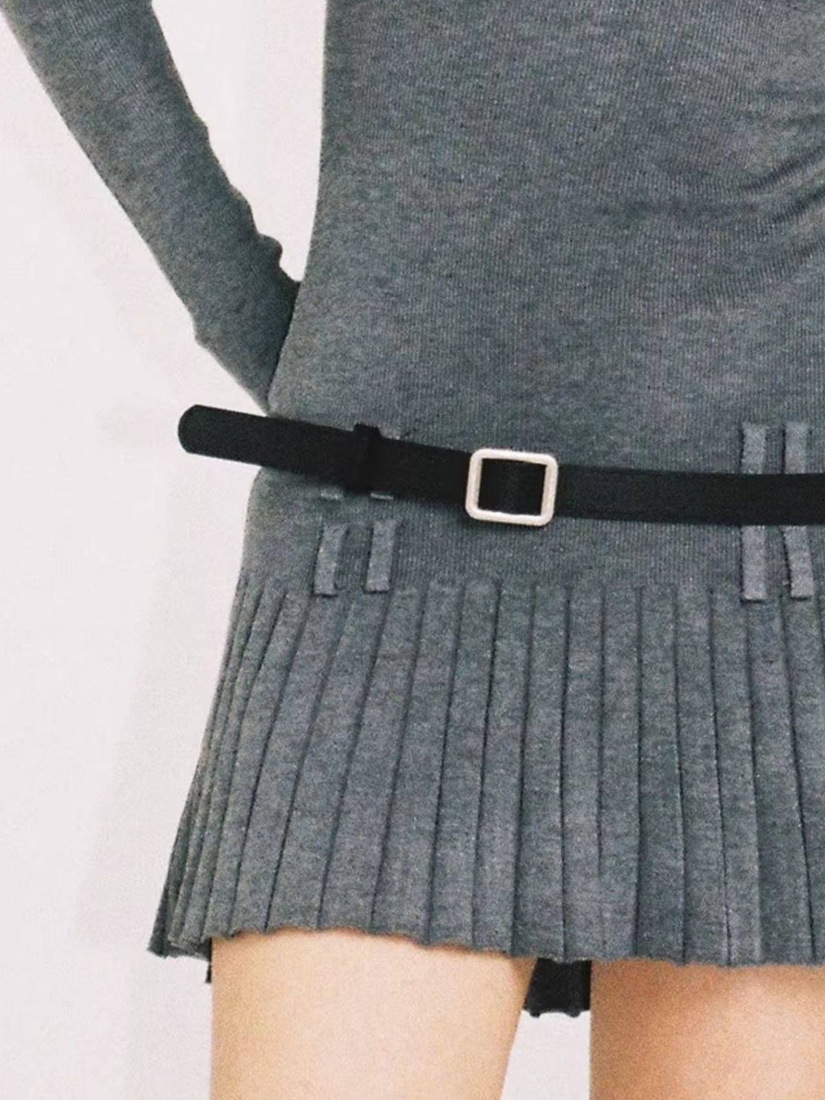 SweetChilling Layered Look Pleated Dress with Belt in Light Gray - On Female Model