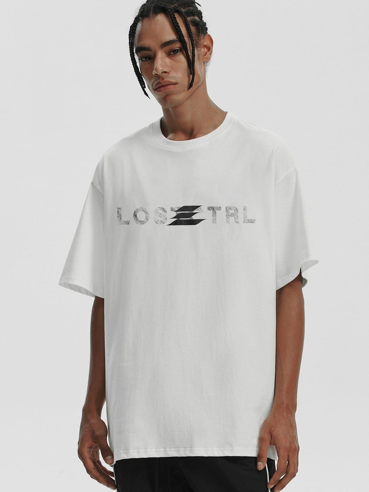 LOSTCTRL Distressed Logo Print Cotton T Shirt in White - On Male Model