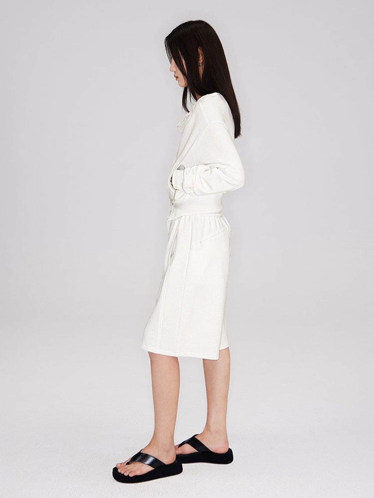 RARELY ALIKE Cotton Drawstring Sweat Shorts in White - On Female Model