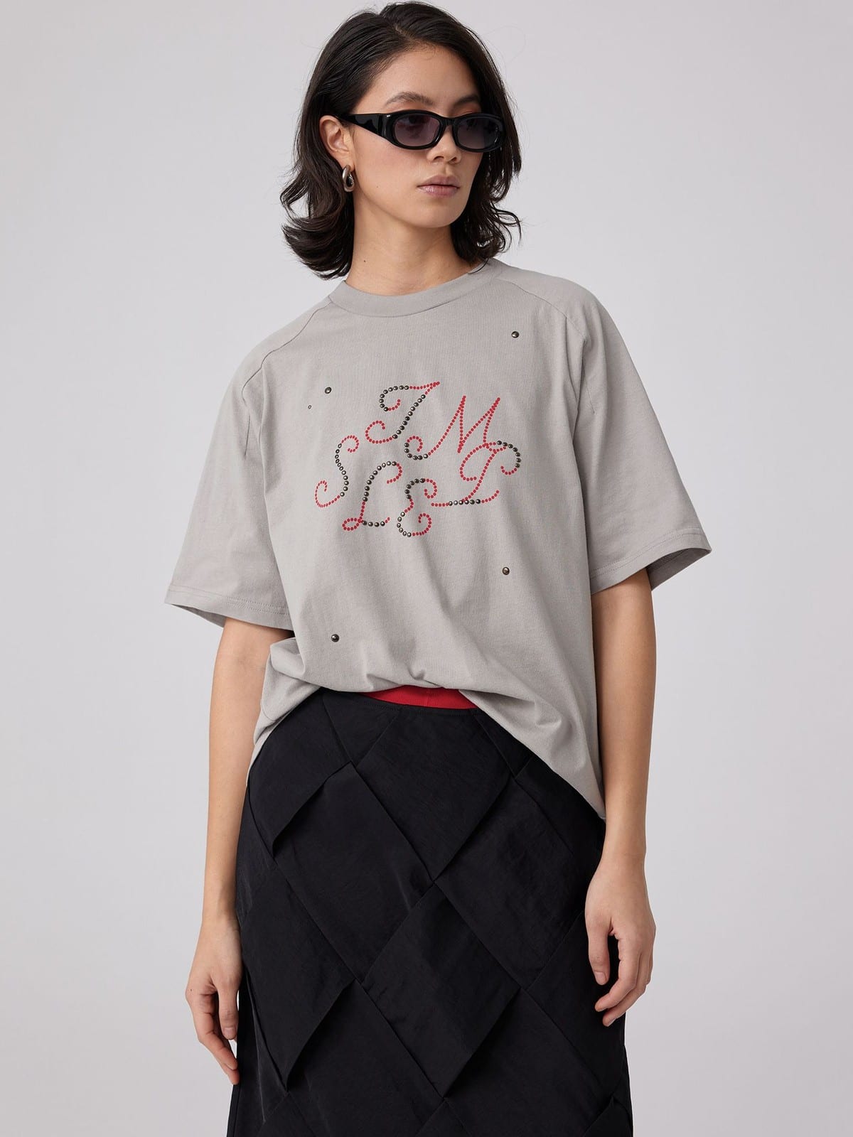 SIMPLE PROJECT Brass Stud Retro Logo Cotton T Shirt in Gray - On Female Model