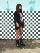 D5ove Sad Bear Graphic Half Sleeve T Shirt in Black - On Female Model