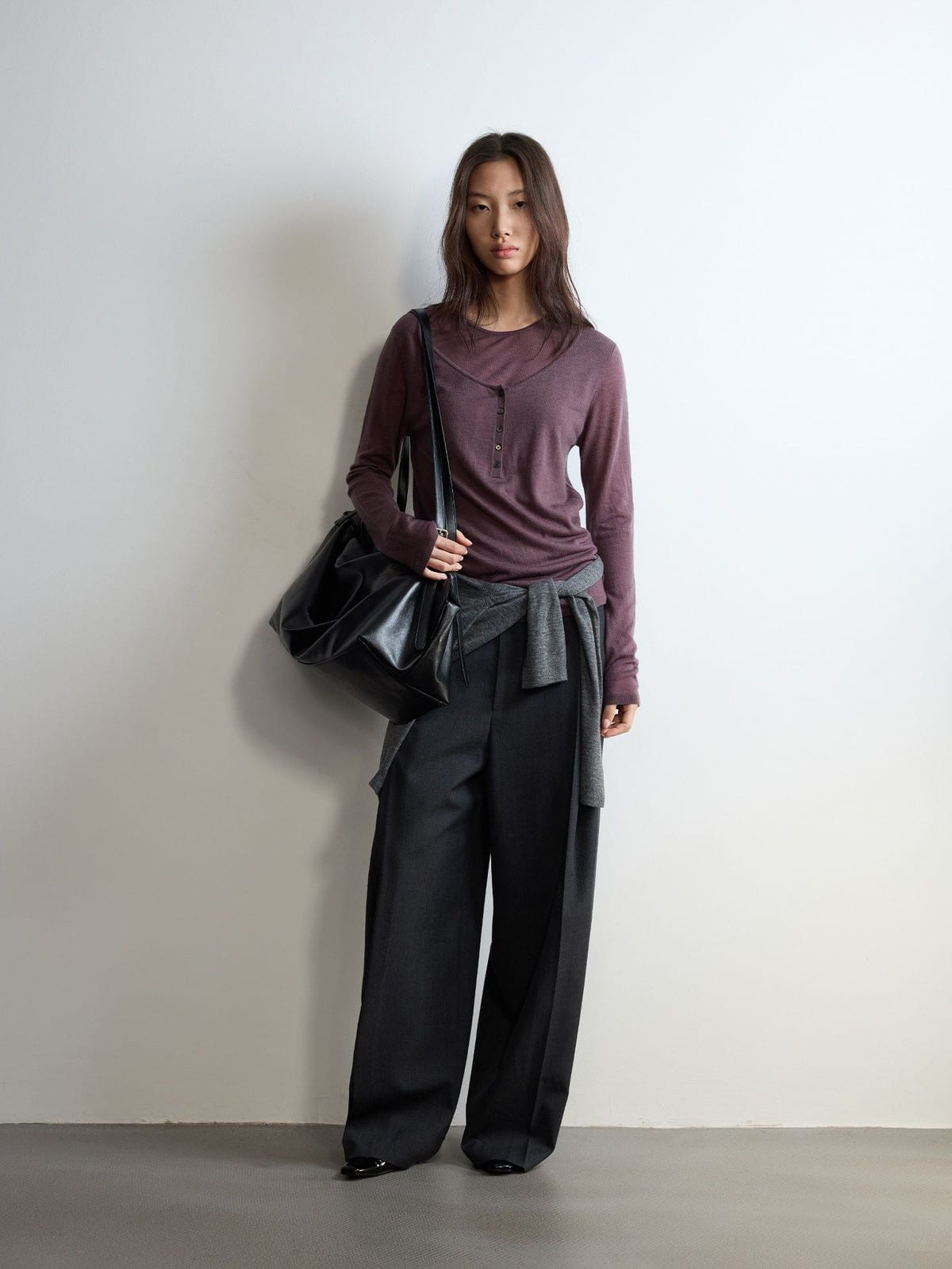 Random Piece Pleated Merino Wool Wide Leg Trousers in Gray - On Female Model