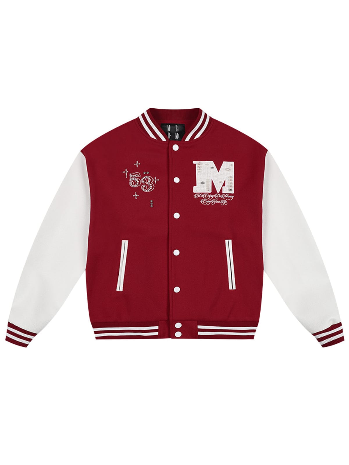 MEDM Pearl Embellished Varsity Jacket in Burgundy