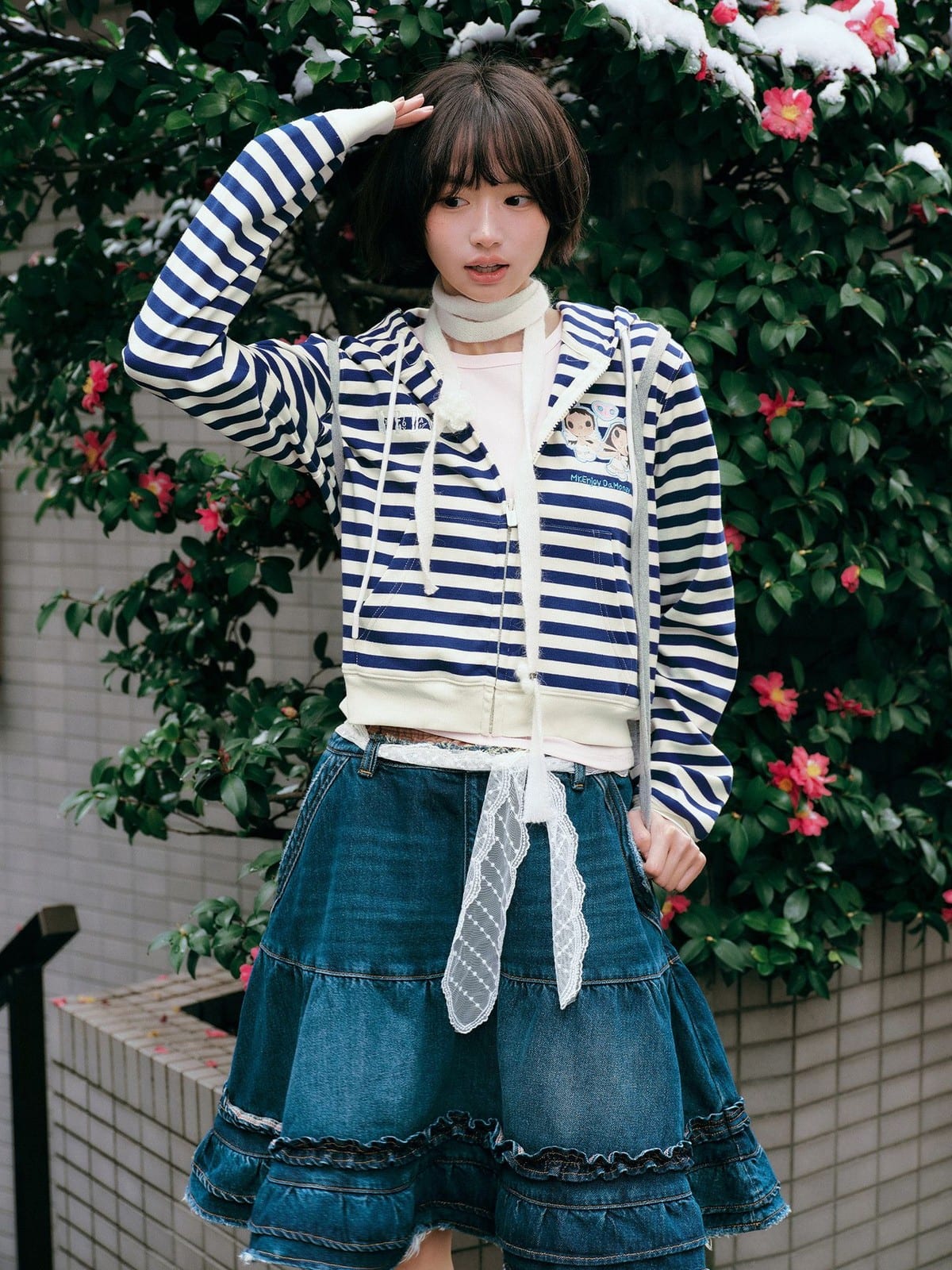 MEDM Cropped Striped Applique Zip Hoodie in Navy Blue - On Female Model