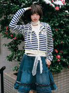 MEDM Cropped Striped Applique Zip Hoodie in Navy Blue - On Female Model