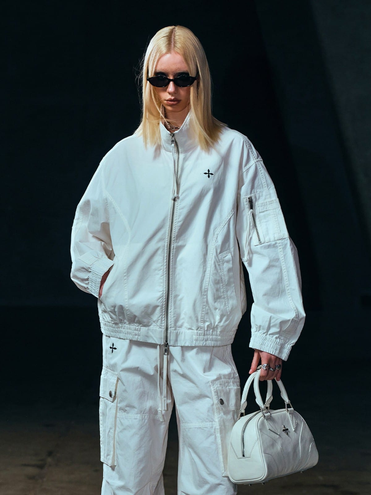 SMFK Vintage Wash Cotton Track Jacket in White - On Female Model
