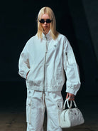 SMFK Vintage Wash Cotton Track Jacket in White - On Female Model