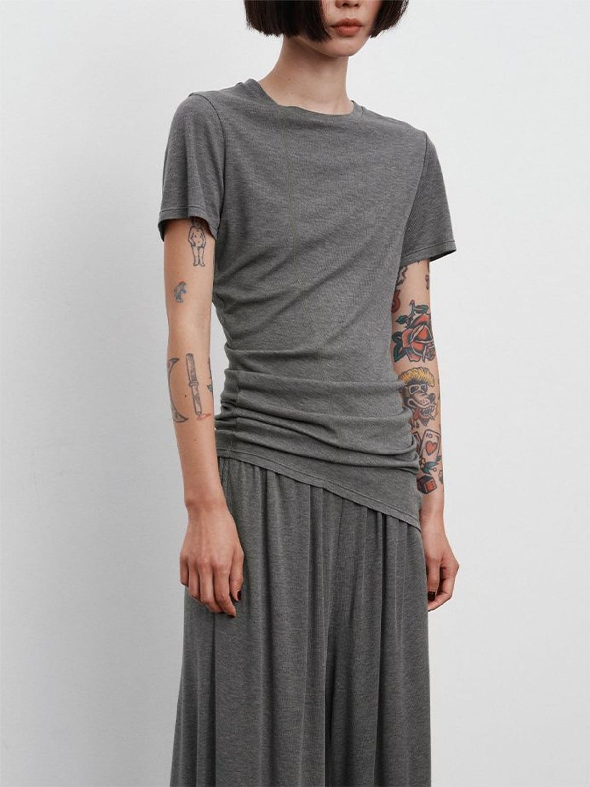 Random Piece Asymmetrical Pleated Silk Blend T Shirt in Gray - On Female Model