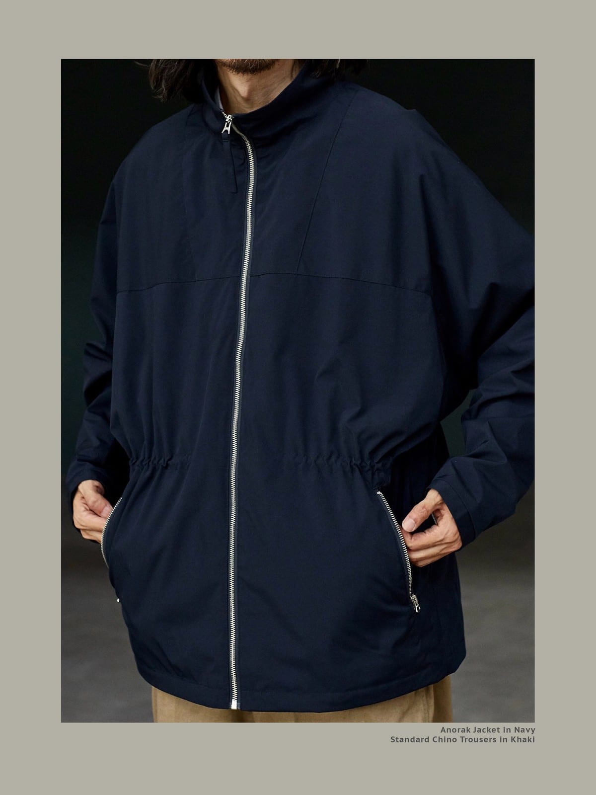 USAGE Drawstring Zip Front Tech Anorak in Navy Blue - On Male Model