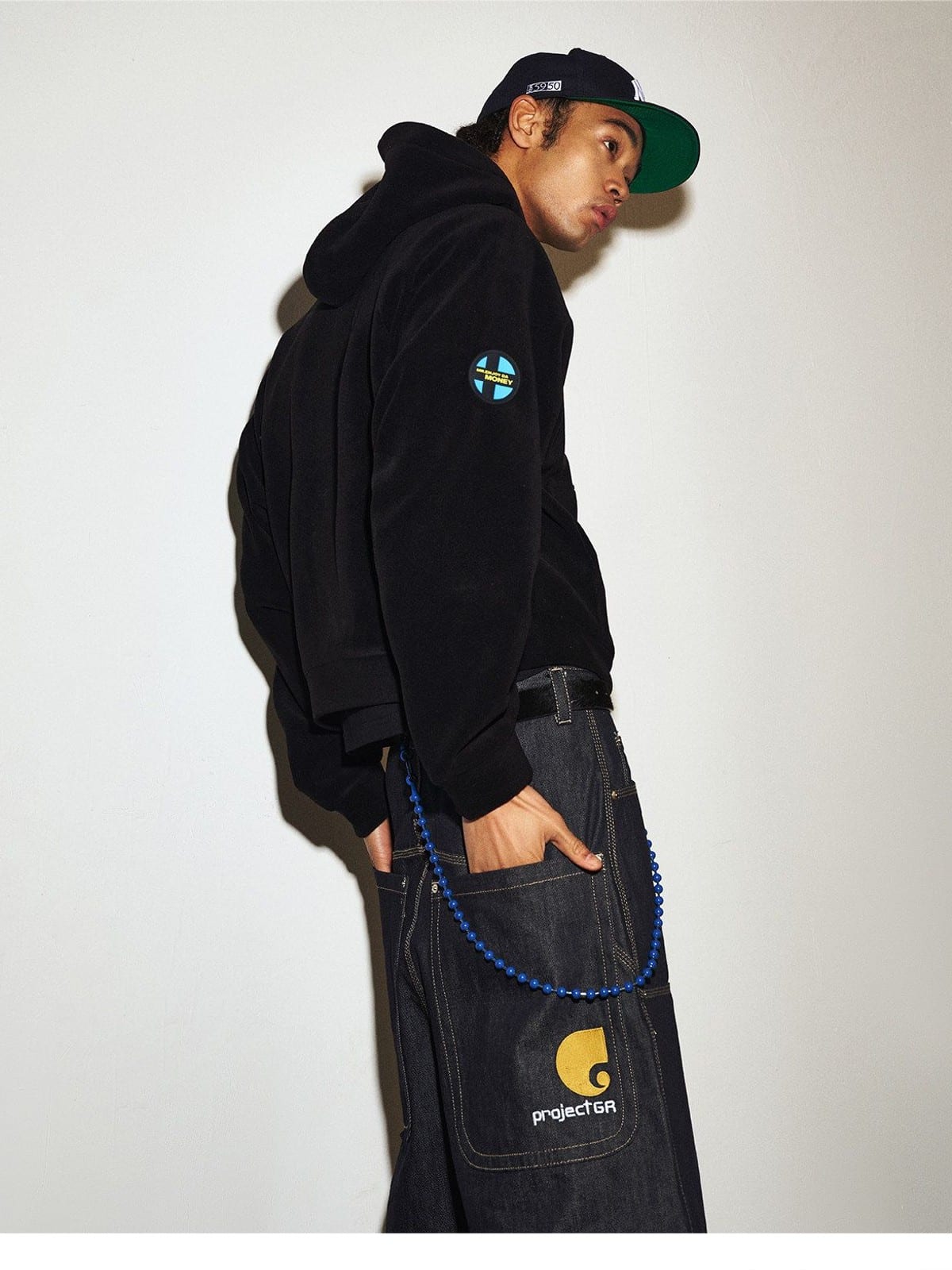 MEDM Fleece Zip Hoodie Drawstring Pants Set in Black - On Male Model