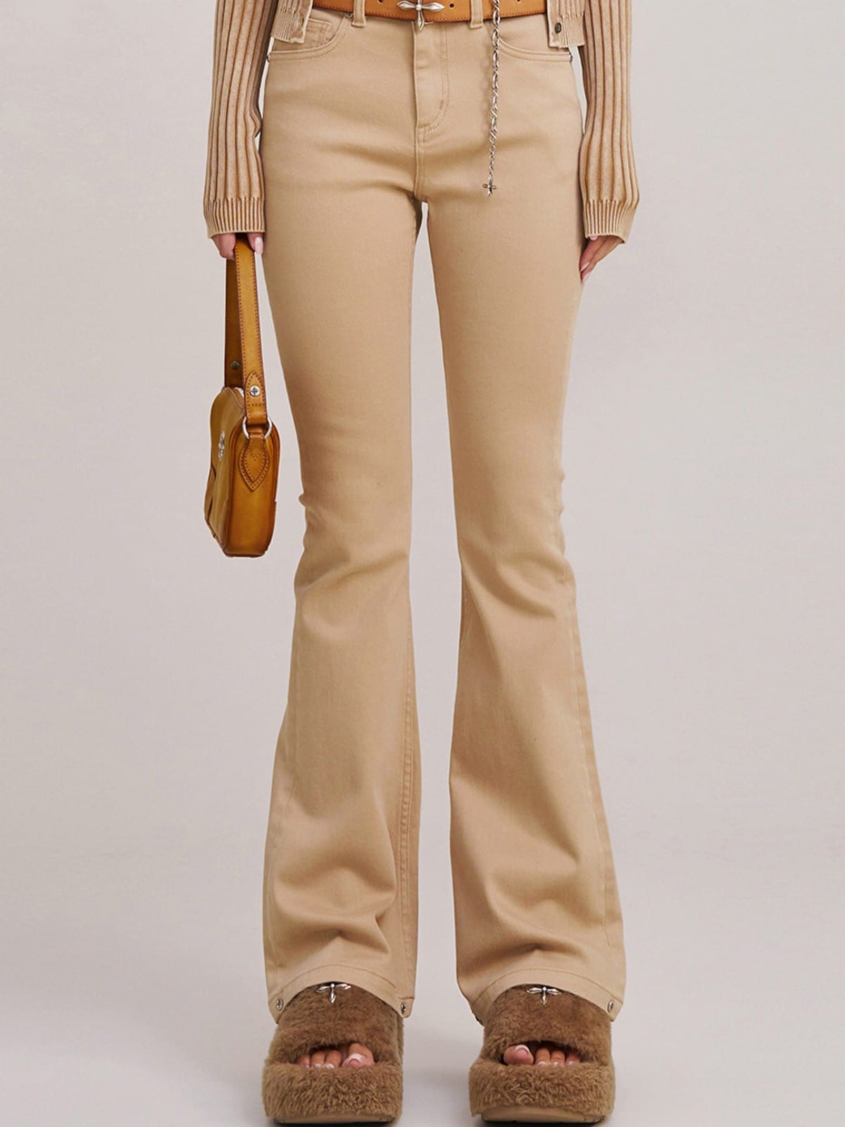 SMFK Stretch Cotton Flared Jeans in Beige - On Female Model
