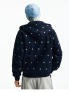 MEDM Fleece Lined Star Print Zip Hoodie in Navy Blue - On Model