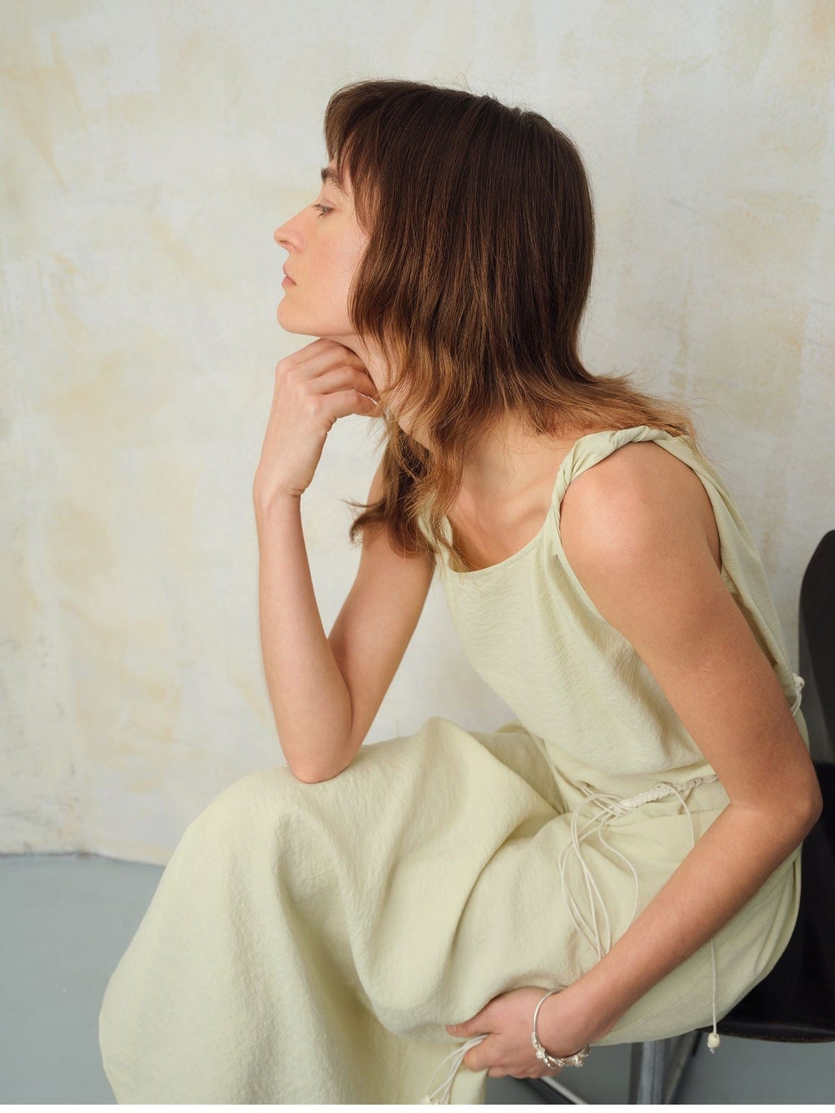 TEASEL Crinkled Silk Blend Shirt Pants Set in Yellow - On Female Model