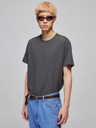 SIMPLE PROJECT Misaligned Seam Crewneck T Shirt in Gray - On Male Model