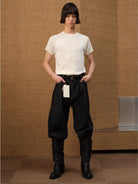 JCAESAR STUDIO Ribbed Ice Silk Raglan T Shirt in Cream - On Male Model