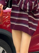 SweetChilling Striped Lambswool Blend Polo Sweater in Red - On Female Model