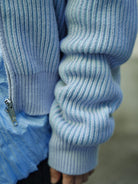 Retro 21 Ribbed Wool Blend Zip Cardigan in Sky Blue - Detail