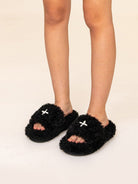 SMFK Cross Motif Faux Fur Platform Slides in Black - On Model