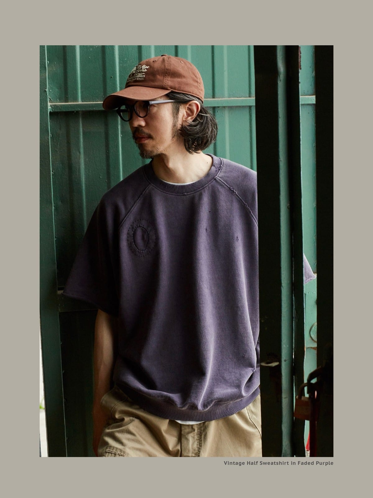 USAGE Vintage Wash Distressed Short Sleeve Sweatshirt in Purple - On Male Model