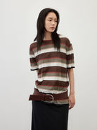 Random Piece Semi Sheer Striped Knit Top in Brown - On Female Model