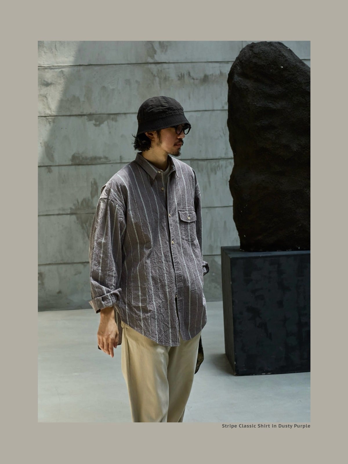 USAGE Crinkled Cotton Striped Button Down in Gray - On Male Model