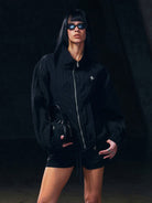 SMFK Crinkled Zip Up Sports Jacket in Black - On Female Model