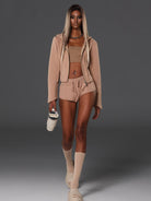 SMFK Cotton Blend Zip Up Hoodie in Beige - On Female Model