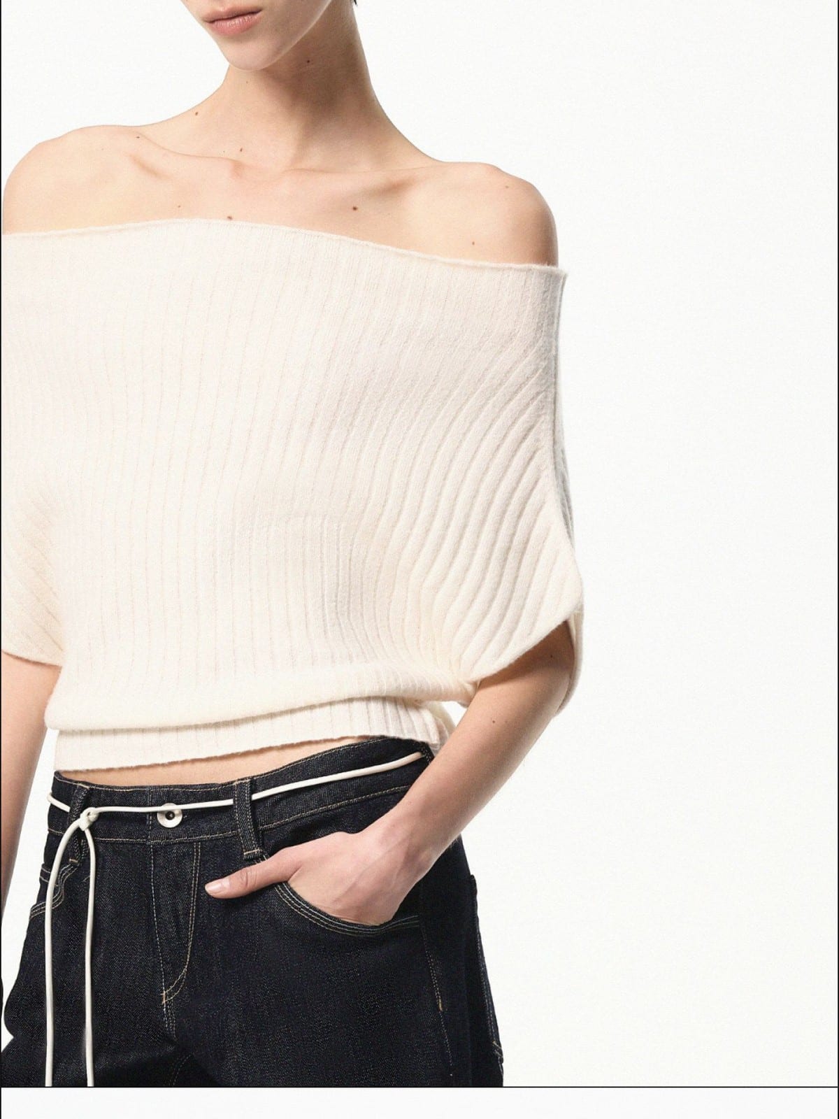 RARELY ALIKE Multi Way Wool Blend Knit Top in White - On Female Model