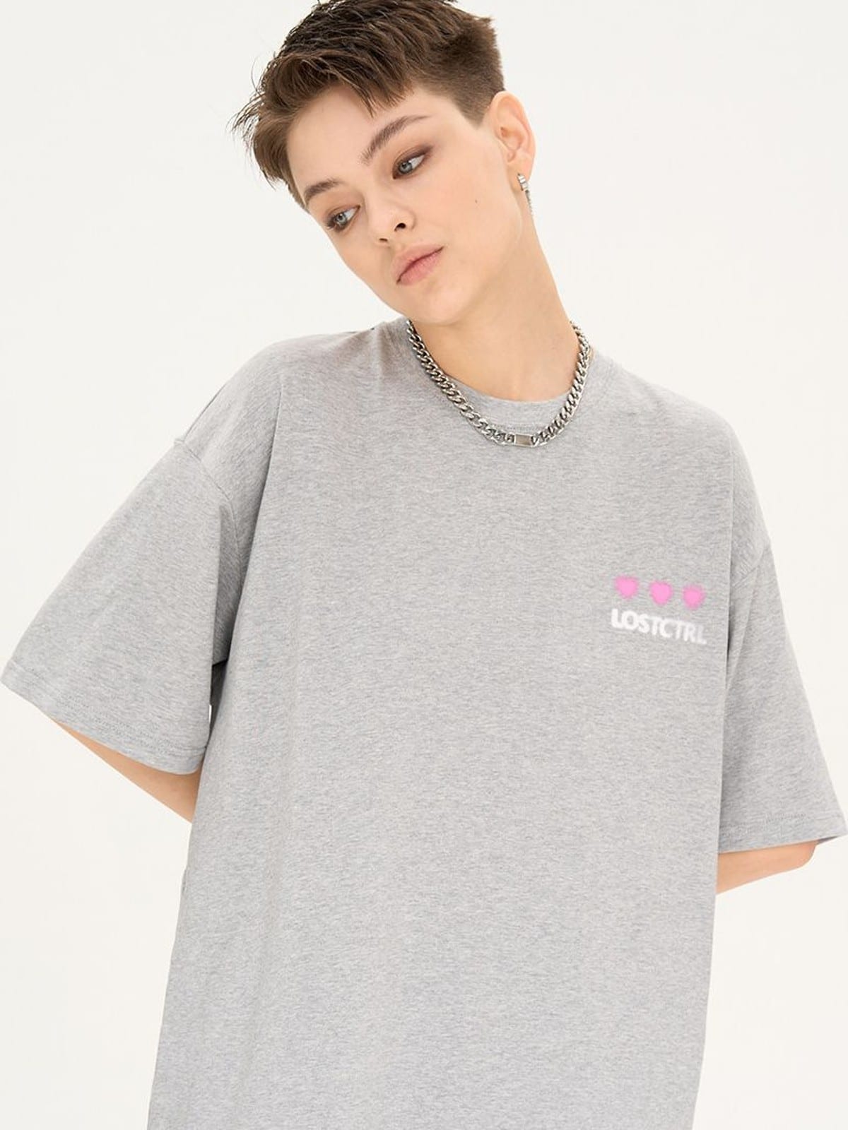 LOSTCTRL Blurred Heart Graphic Cotton T Shirt in Gray - On Female Model