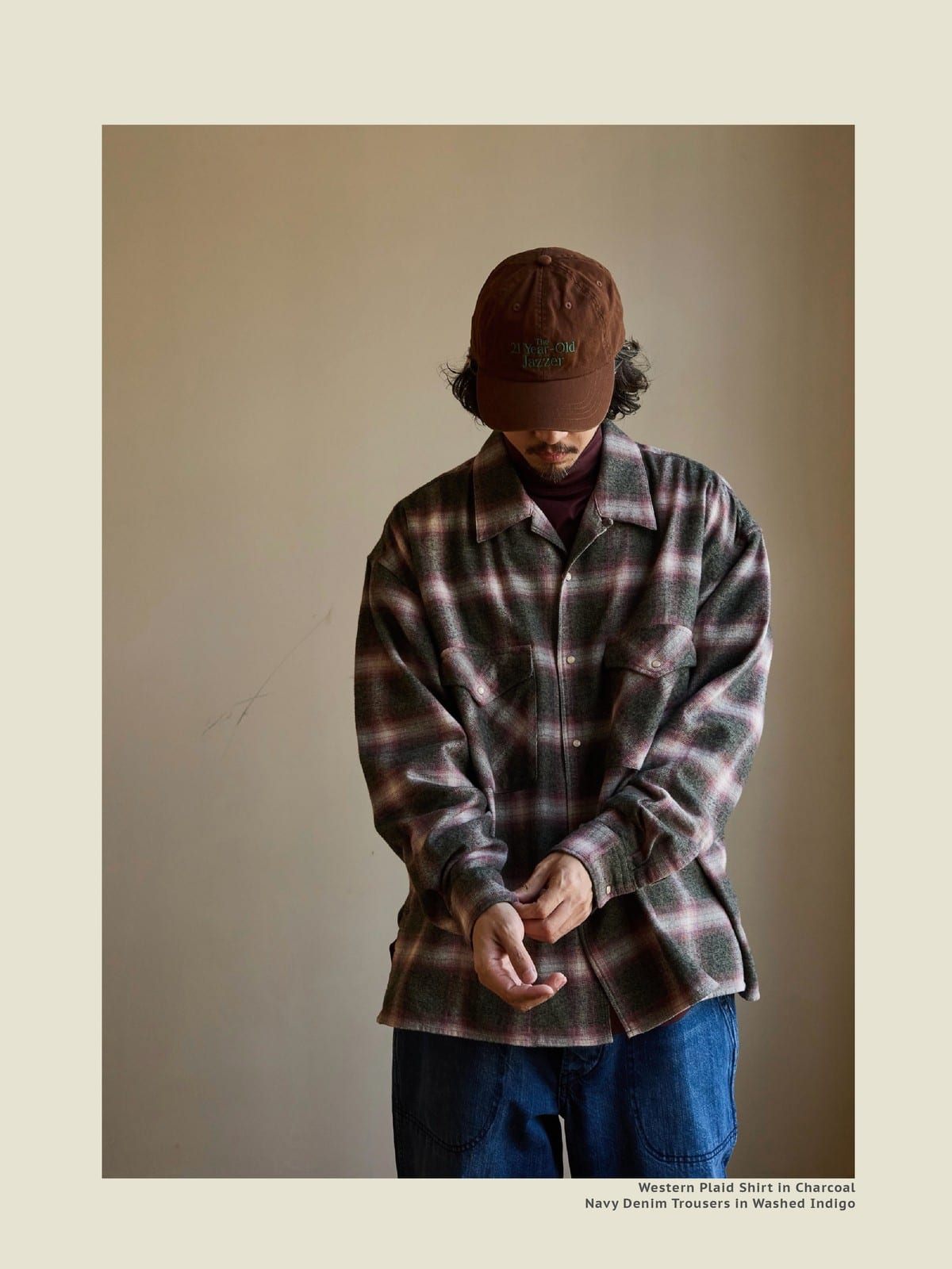 USAGE Brushed Plaid Western Shirt in Olive - On Male Model