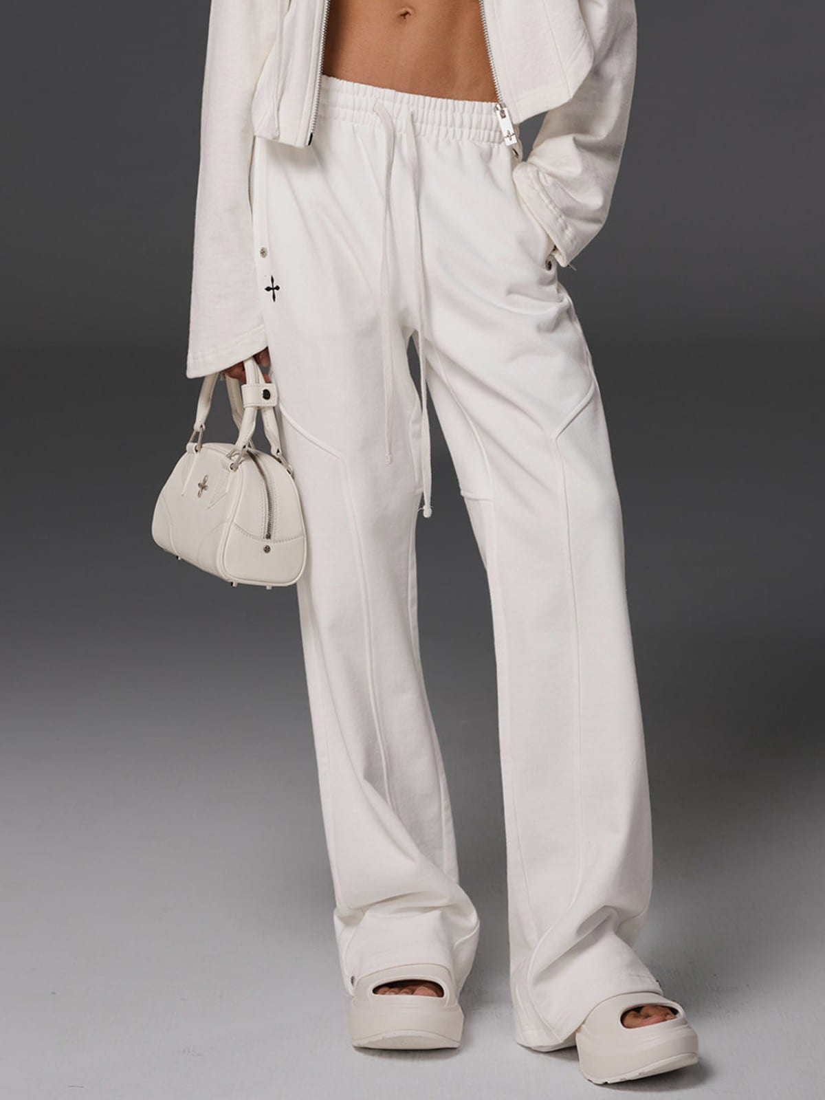 SMFK Cotton Wool Straight Leg Sweatpants in White - On Female Model