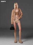 SMFK Seamed Cotton Denim Shorts in Beige - On Female Model