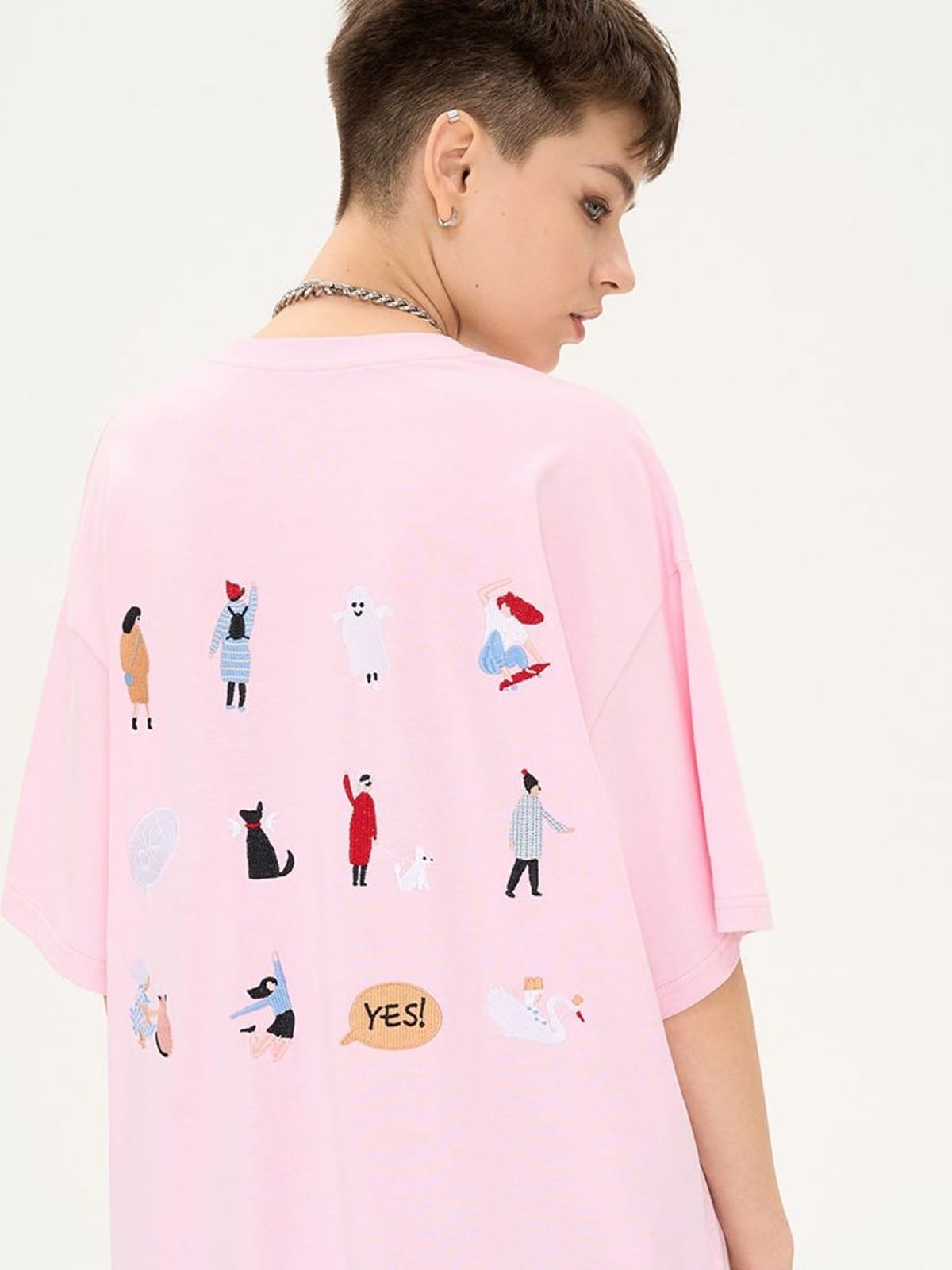 LOSTCTRL Cartoon Embroidery Cotton T Shirt in Pink - On Female Model