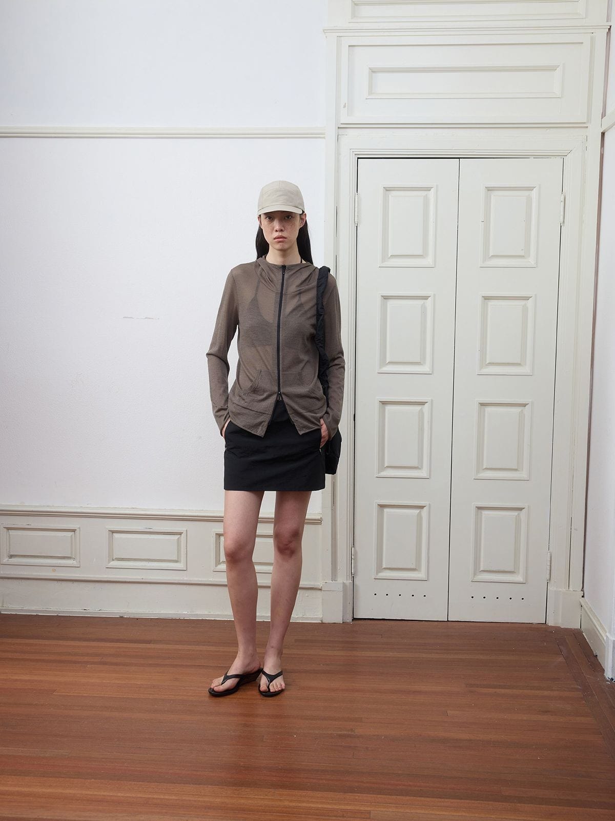 Random Piece Lightweight Merino Hooded Zip Cardigan in Brown - On Female Model