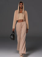 SMFK Cotton Wool Blend Cropped Zip Up Hoodie in Beige - On Female Model