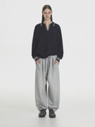 MASONPRINCE Wide Leg Inverted Pleat Sweatpants in Gray - On Female Model