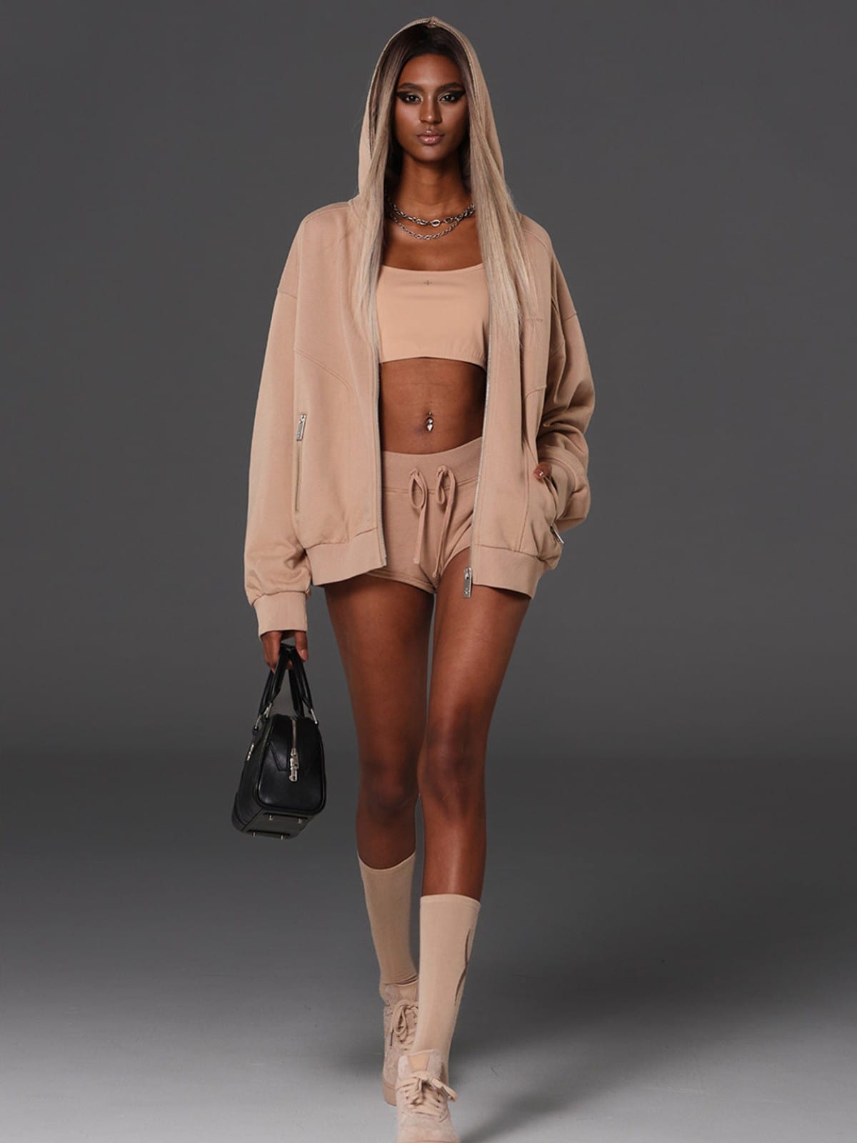 SMFK Oversized Cotton Wool Zip Up Hoodie in Beige - On Female Model