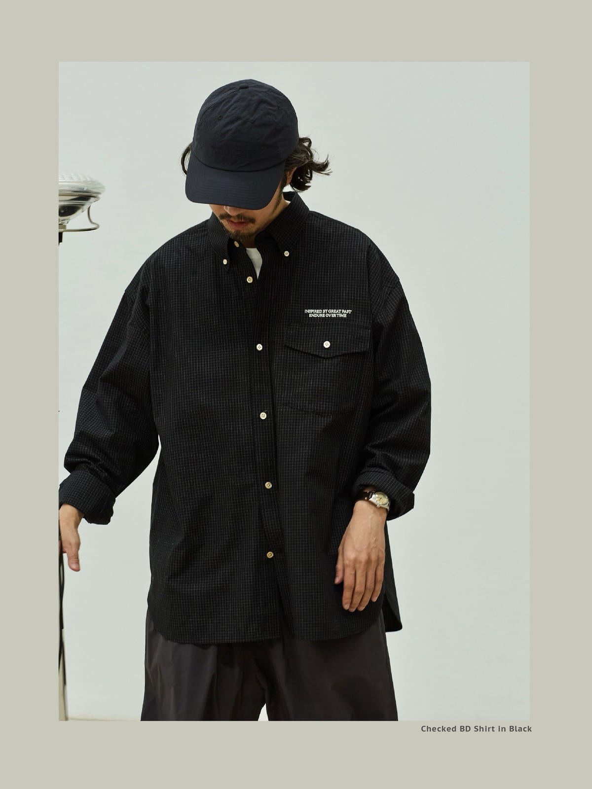 USAGE Oversized Micro Check Button Down Shirt in Black - On Male Model