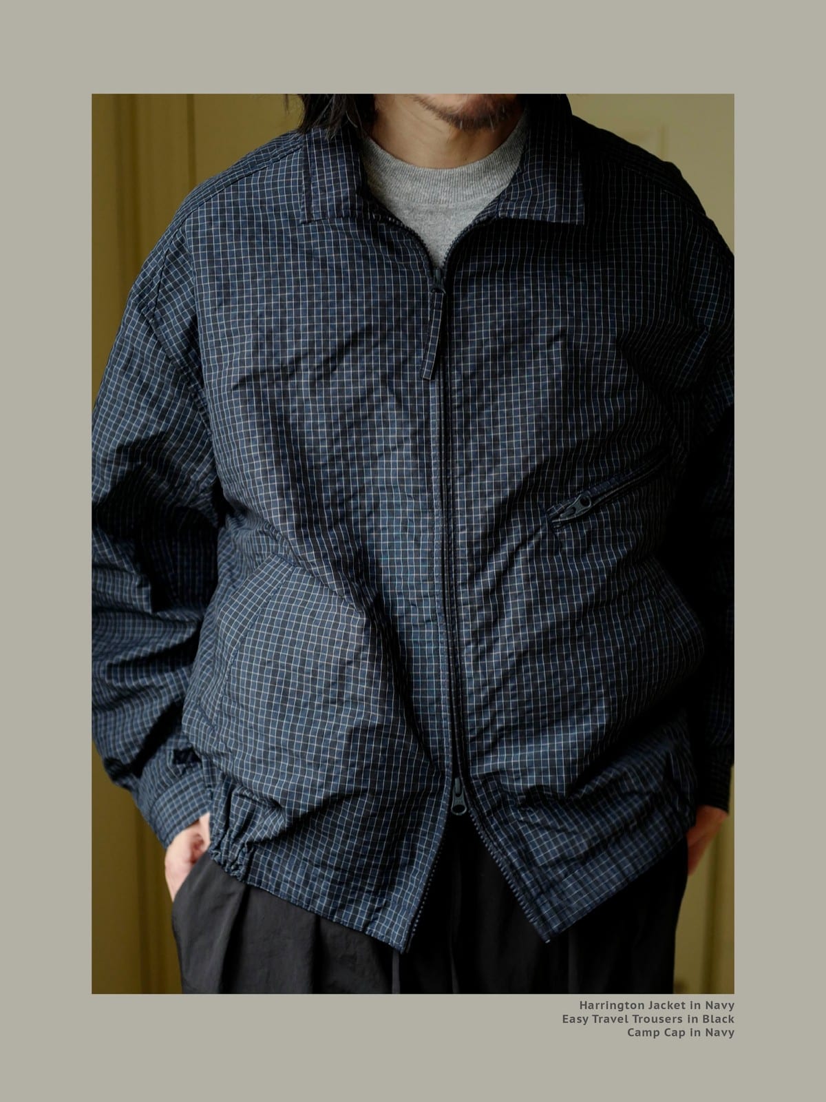USAGE Jacquard Check Harrington Jacket in Navy Blue - On Male Model
