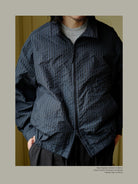 USAGE Jacquard Check Harrington Jacket in Navy Blue - On Male Model