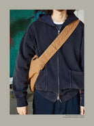 USAGE Hand Distressed Washed Zip Hoodie in Navy Blue - On Male Model
