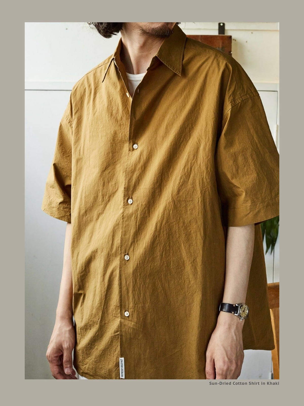USAGE Cotton Crinkle Short Sleeve Shirt in Beige - On Male Model