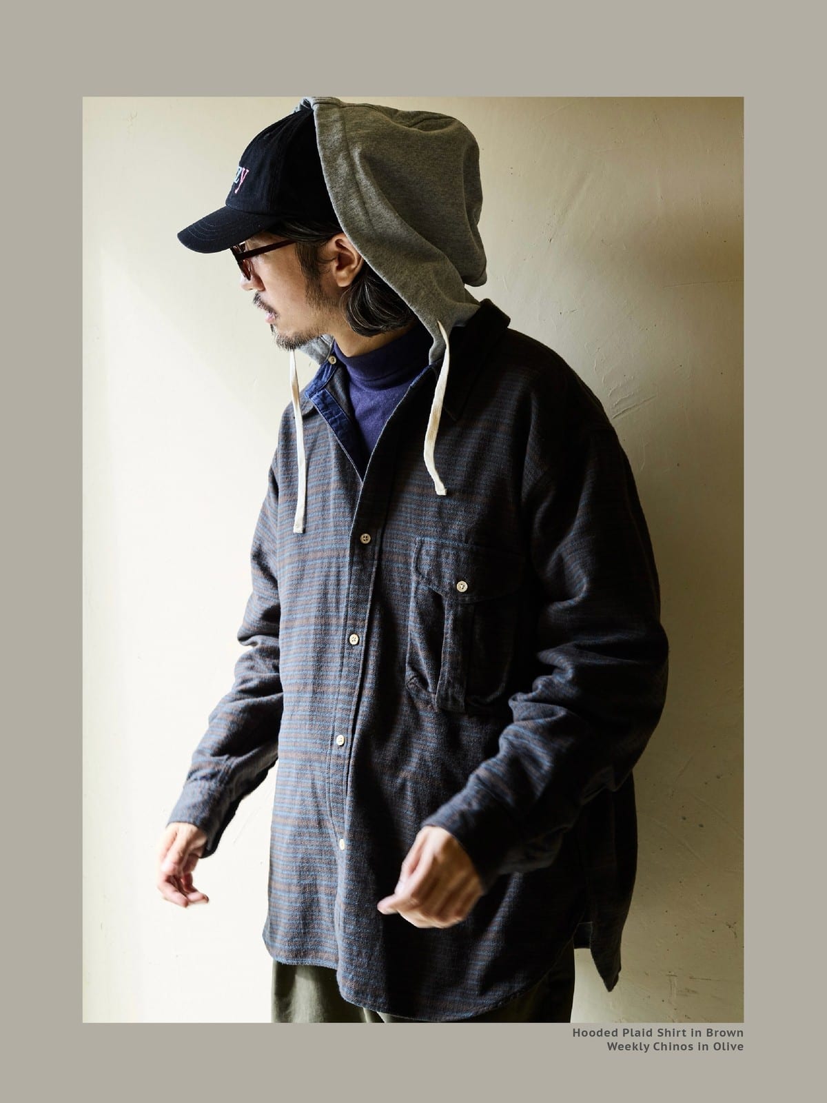 USAGE Detachable Hood Cotton Plaid Shirt in Brown - On Male Model